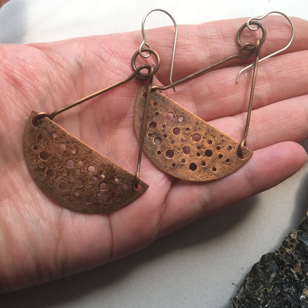 Handcrafted Recycled Copper Dangle Earrings.
